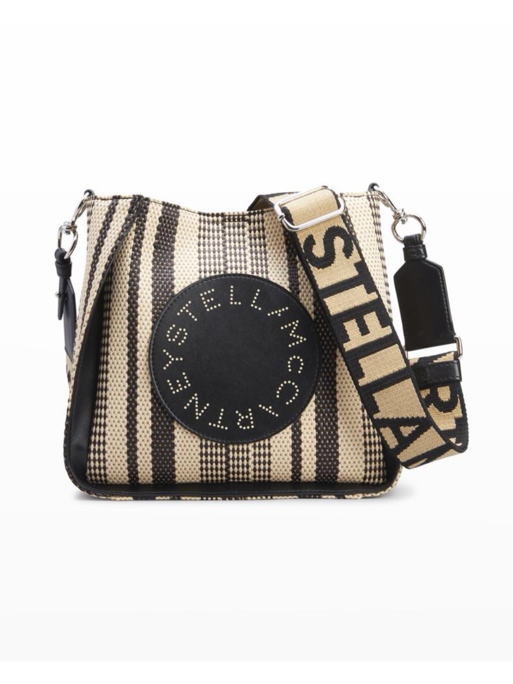 Stella McCartney Black & Cream Striped Shoulder Bag with Logo Strap